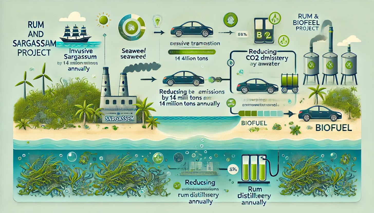 An infographic style image that illustrates the Rum and Sargassum Project, laid out horizontally. On the left side, show an image of Caribbean beaches with invasive seaweed (Sargassum) washing ashore. In the middle, depict the transformation process: seaweed being processed into biofuel using rum distillery wastewater, with green energy symbols. On the right side, display a car fueled by the biofuel, with clear labels for environmental benefits like reducing CO2 emissions by 14 million tons annually and lowering fuel costs by 50%. Keep the style clean, simple, and easy to understand with icons and minimal text. Use green, blue, and natural colors to represent sustainability and renewable energy. The image should be horizontal and visually balanced.
