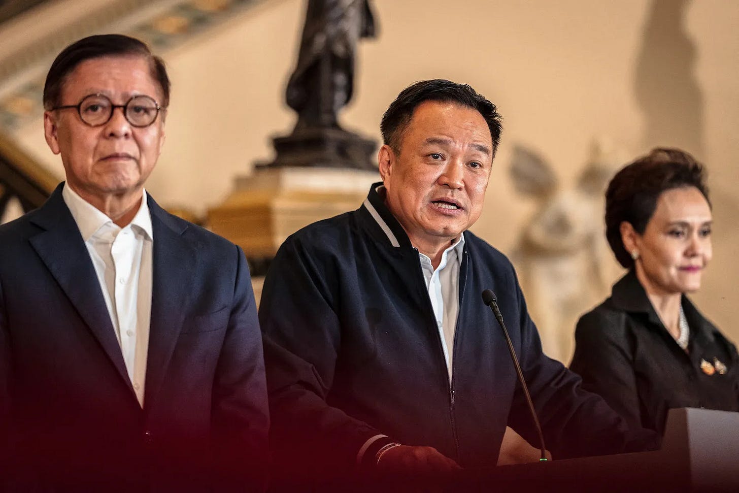 Thai Prime Minister Anutin Charnvirakul speaks during a press conference in Bangkok.