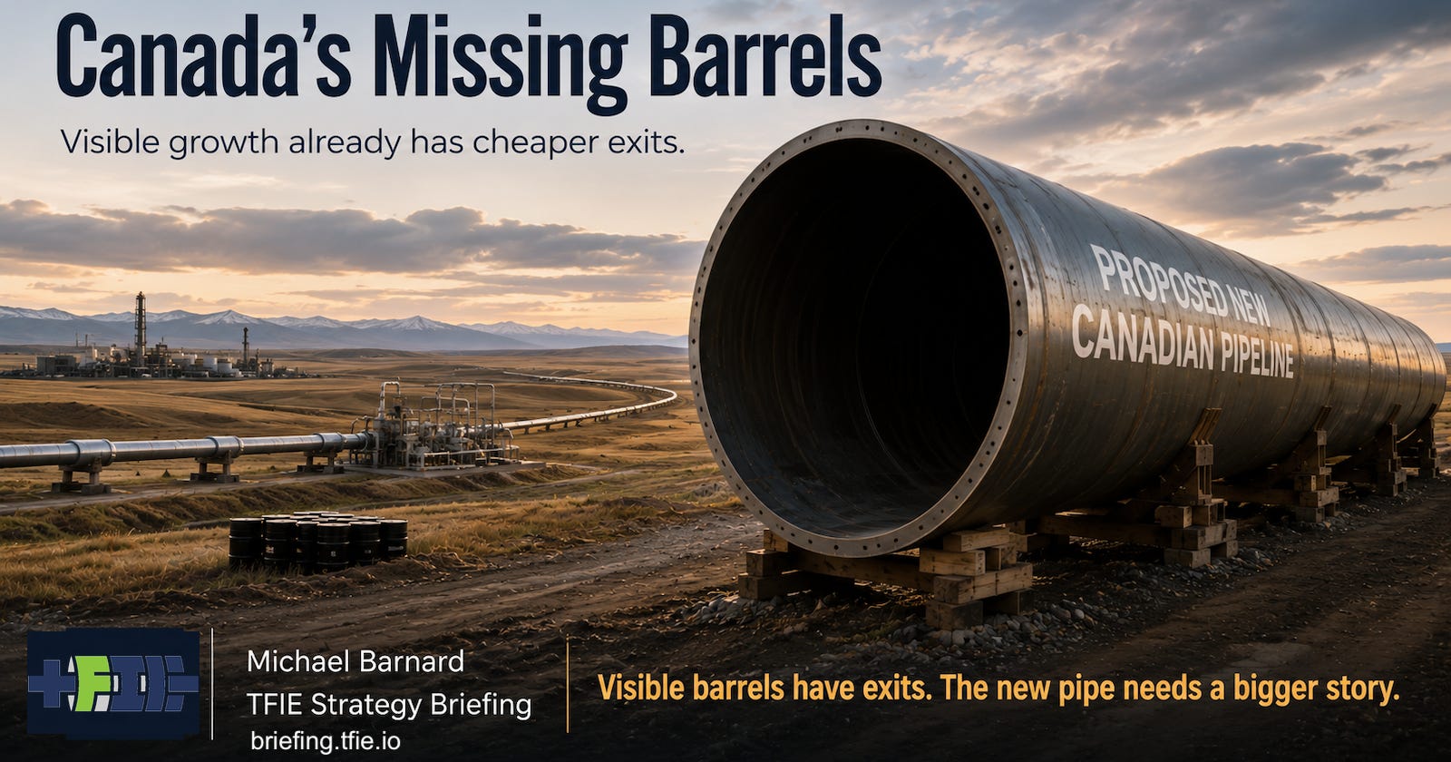 A large empty proposed Canadian pipeline beside existing operating pipes, showing the missing-barrel problem for Alberta’s new line.