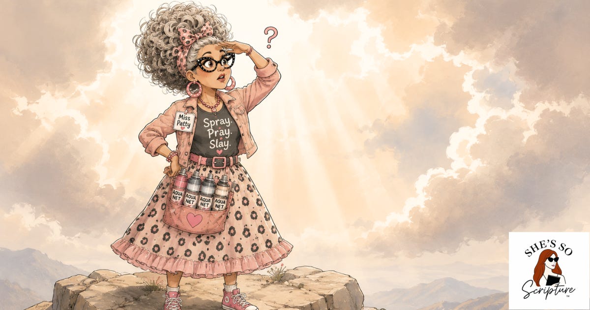 Illustration of Miss Patty looking surprised on a mountaintop, representing the Transfiguration story, in a whimsical blush-pink watercolor style. Illustration of Miss Patty looking surprised on a mountaintop, representing the Transfiguration story, in a whimsical blush-pink watercolor style.