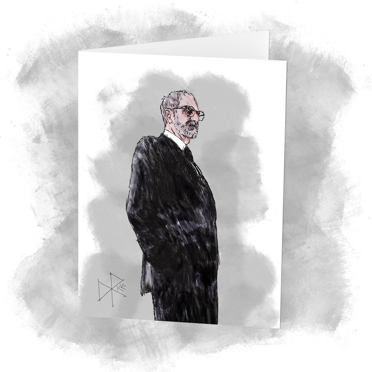 A bearded man stands, casually but sombrely, in his black suit. He parks his hands in his pockets as he surveys his surroundings. Sketch art by Don Rice.
