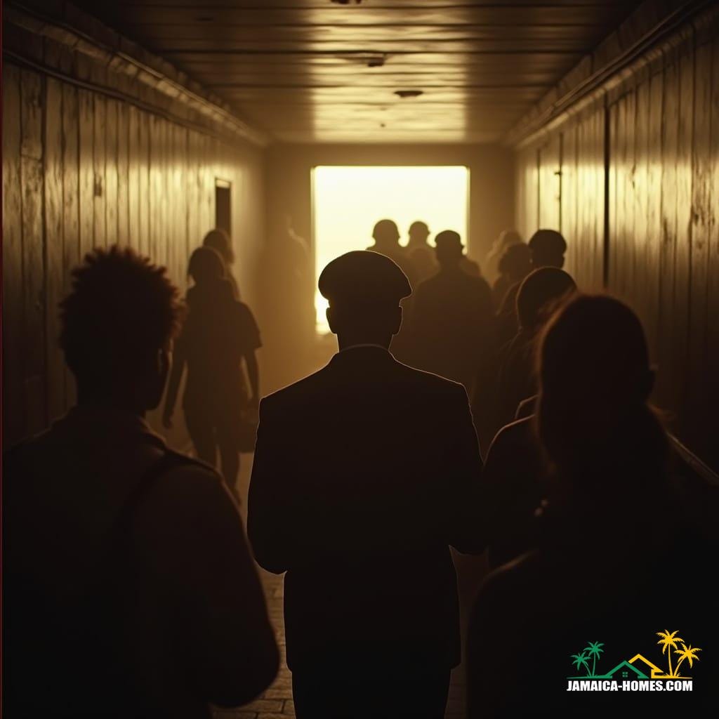  Cinematic film still, shot on v-raptor XL, film grain, vignette, color graded, post-processed, cinematic lighting, 35mm film, live-action, best quality, atmospheric, a masterpiece, epic, stunning, dramatic, depicting Jamaican immigrants disembarking a ship in Britain, a subtle golden hour glow washes over the immigration hall, highlighting the hope and uncertainty on their faces. The scene evokes the spirit of the British Nationality Act of 1948, with a focus on the human element of migration.