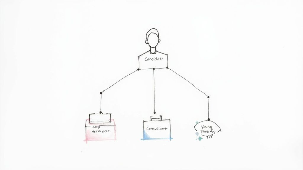 Diagram showing a candidate branching out to long-term, consultant, and young professional career roles.