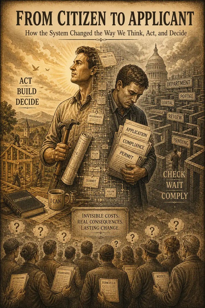 A sepia-toned vintage illustration titled “From Citizen to Applicant: How the System Changed the Way We Think, Act, and Decide.” A single man is split into two halves: on the left, he stands upright holding tools and blueprints in a bright setting with construction in the background; on the right, he appears weary and hunched, holding paperwork labeled “application,” “compliance,” and “permit” while standing in a maze of government signs. Below, a crowd of people holds forms with question marks above them.