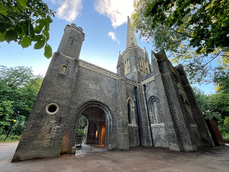 Abney Park Cemetery Chapel, a tall, Dissenting Gothic chapel amidst a woodland