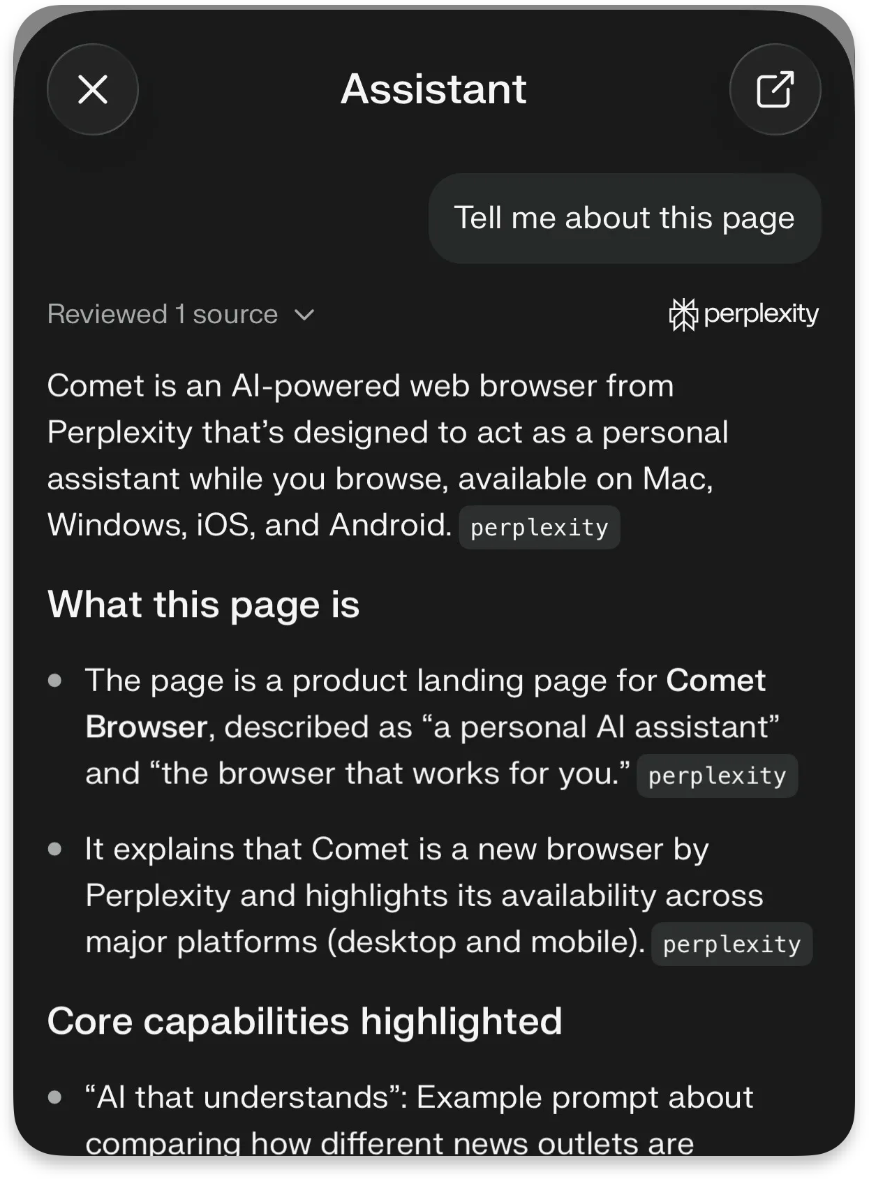 Perplexity Comet AI assistant interface analyzing a webpage with summary, source citations, and automated understanding inside the browser