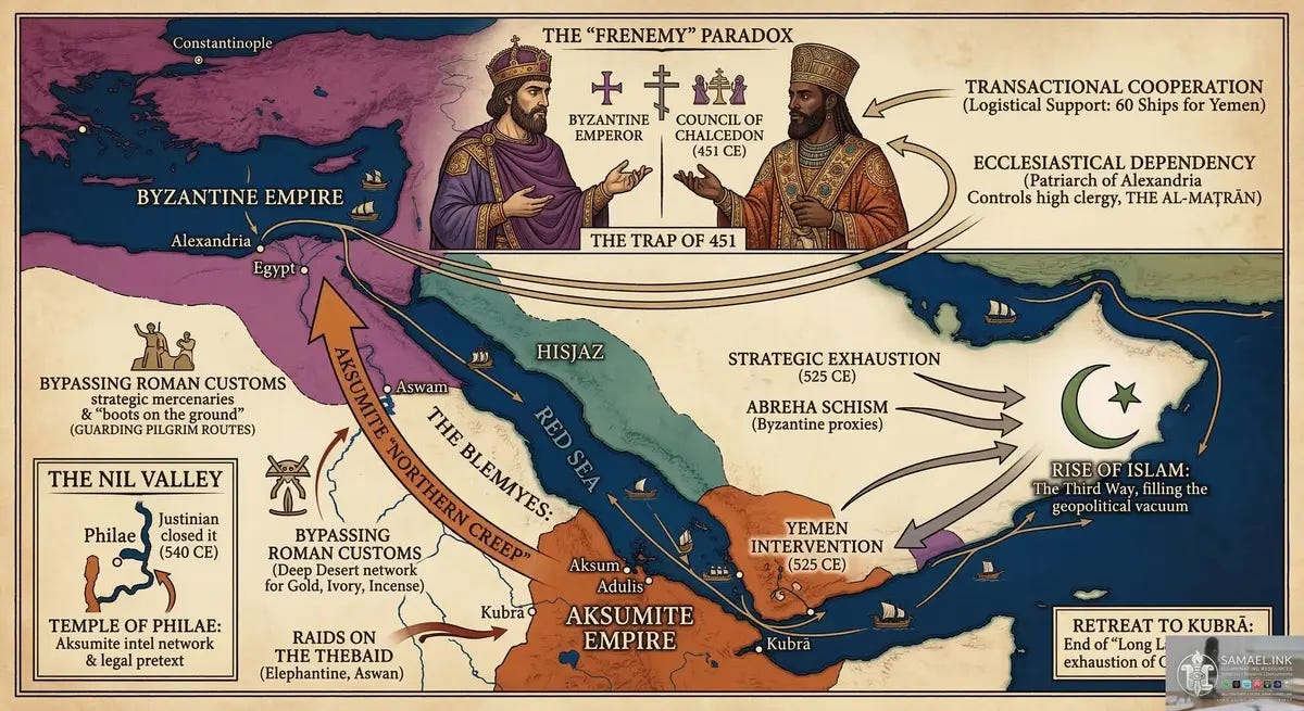The emergence of Islam in the 7th century is traditionally viewed as a sudden, isolated eruption from the deserts of the Hijaz. However, a growing body of revisionist scholarship—pioneered by figures such as G.W. Bowersock, Timothy Power, and Robert Hoyland—reframes this era as the inevitable resolution of a century-long "frenemy" relationship between the Byzantine Empire and the Aksumite Empire. This dynamic, characterized by shared faith but clashing imperial ambitions, created the geopolitical vacuum required for a new world order to take root. While traditional historiography often views the Aksumite Empire as a static highland power, the archives of the 4th through 6th centuries reveal a sophisticated “Northern Creep.” This was a deliberate expansionist policy aimed at re-establishing hegemony over the Nile corridor and the Eastern Desert, effectively pushing the Aksumite frontier back toward the borders of Roman Egypt. In this geopolitical architecture, the Blemmyes (Greek: Βλέμμυες) were not merely “barbarians,” but functioned as the strategic mercenaries and “boots on the ground” for the Aksumite metropole.  The Fall of Kush and the Power Vacuum  The catalyst for this expansion was the “mashing” of the Kingdom of Meroë by King Ezana (c. 350 CE). By destroying the traditional middleman of the Nile, Aksum removed the only barrier between itself and the Roman frontier.  The Trans-Saharan Monopoly: Rather than following the predictable Nile route, Aksumite administrators established a “deep desert” network. This allowed them to move gold, ivory, and incense directly into Upper Egyptian markets like Thebes and Philae, bypassing Roman customs.  The “Blemmyes” Hire: To secure these routes, Aksum weaponized the Blemmyes. As nomadic masters of the Eastern Desert, the Blemmyes provided the light cavalry and raiding capabilities that the Aksumite heavy infantry lacked in the sand dunes.  The Paradox of the "Quasi-Ally"  In the 6th century, Byzantium and Aksum were theoretically united by the Cross, yet fundamentally divided by the Council of Chalcedon (451 CE). While both sought to check the expansion of Sasanian Persia, their cooperation was transactional and fraught with suspicion.  The Yemen Intervention (525 CE): When King Kaleb invaded the Himyarite Kingdom to avenge Christian martyrs, he did so with Byzantine logistical support (60 transport ships provided by Emperor Justin I). However, Byzantium’s motive was not purely religious; they sought to "laundry" their trade interests by using Aksumite "boots on the ground" to secure the silk and spice routes from Persian interference.  The Abreha Schism: Following the victory, the Aksumite general Abreha seized power. Rather than supporting their ally Kaleb in "mashing" the usurper, the Byzantines pivoted, engaging in secret diplomacy with Abreha to turn him into a direct proxy, thereby bypassing Aksumite hegemony.  The "Two-Way Hostage" and the Trap of 451  The ecclesiastical bond between the two empires served as a diplomatic cage. By adopting the Non-Chalcedonian (Jacobite) faith, Aksum became legally dependent on the Jacobite Patriarch in Egypt for its high clergy, the Al-Maṭrān (المطران).  The Legal Blockade: Byzantium recognized that by controlling the Patriarch in Alexandria, they held the "on/off switch" for Aksumite spiritual legitimacy. This "hydro-ecclesiastical" politics ensured that the King of Aksum remained a perpetual petitioner to the Mediterranean powers.  The Inland Retreat: This pressure, combined with the eventual loss of maritime hegemony following the 702 CE naval disaster, forced the Aksumite center to move from the coast to the inland metropole of Kubrā (the "Great City"). This retreat effectively "dried" out Aksumite international influence, leaving the Red Sea trade routes unprotected.  The Blemmyes as Aksumite “Foederati”  Just as Rome used foederati to guard its borders, Aksum used the Blemmyes as a “buffer” to harass Byzantine Egypt.  The Occupation of the Thebaid: During the 5th century, the Blemmyes successfully seized major Roman cities such as Elephantine and Aswan. Byzantine records from the era of Emperor Marcian suggest these “raiders” were suspiciously well-funded, carrying Aksumite luxury goods and using coinage that mirrored Aksumite standards.  The “Laundered” Sovereignty: By using the Blemmyes as proxies, Aksum could maintain a “frenemy” relationship with Byzantium. The King of Aksum could claim plausible deniability for the Blemmyes’ raids on Christian monasteries while simultaneously benefiting from the weakened Byzantine control over the southern grain trade.  The Power Vacuum and the Rise of the Hijaz  The "frenemy" dynamic led to strategic exhaustion. By the early 7th century, both Byzantium and Aksum had overextended their treasuries and militaries in South Arabian proxy wars.  Economic Collapse: As noted by Stuart Munro-Hay, the collapse of Aksumite coinage was a direct result of military overextension for Byzantine goals.  The Third Way: As the two Christian superpowers bickered over theological minutiae and trade tolls, the merchant tribes of the Hijaz realized that neither empire could offer long-term stability. The rise of Islam provided a "middle path" that rejected the "Two-Way Hostage" system, offering a new monotheistic identity that was neither dependent on the Byzantine "Melkite" order nor the Aksumite "Jacobite" isolation.  The Religious Front: The Defense of Philae  The Blemmyes served as the guardians of the last “pagan” outposts in Egypt, specifically the Temple of Philae.  The Strategic Anchor: Aksum supported the Blemmyes’ right to worship at Philae because it provided a legal pretext for Aksumite “pilgrims” (merchants and spies) to enter Roman territory.  The Byzantine Reaction: It was the realization that the Blemmyes were the vanguard of a broader Aksumite “Northern Creep” that finally forced Justinian to take drastic action. In 540 CE, he ordered the closure of Philae not just to end paganism, but to “dry” out the Aksumite intelligence network in Egypt.  Conclusion: The Retreat to Kubrā  The Aksumite dream of a Nile-based empire ended when Justinian successfully “laundered” the Nobadae (Nubians) into the Christian fold. By providing the Nobadae with superior military technology, the Byzantines empowered them to “mash” the Blemmyes out of the Nile Valley.  This military defeat, combined with the loss of the Dahlak Archipelago in 702 CE, forced the Aksumite leadership to abandon the northern frontier and retreat to the inland metropole of Kubrā. The mercenaries were gone, the routes were closed, and the “Trap of 451” was finally locked. The transition from the Aksumite center to the inland seat of Kubrā marked the end of the “Long Late Antiquity.” When the early Islamic Caliphate emerged, it did not encounter two unified Christian empires, but two exhausted rivals who had spent a century trying to “laundry” each other’s influence out of the Red Sea. The “frenemy” dynamic was the crucible in which the medieval world was forged.      This Substack is reader-supported. To receive new posts and support my work, consider becoming a free or paid subscriber.  Primary References and Scholarly Witnesses  Bowersock, G.W. (2013). The Throne of Adulis: Red Sea Wars on the Eve of Islam. Oxford University Press. (Provides the definitive account of the Aksumite-Byzantine-Himyarite triangle).  Power, Timothy (2012). The Red Sea from Byzantium to the Caliphate: AD 500-1000. American University in Cairo Press. (Details the shift from maritime hegemony to inland power at Kubrā).  Hoyland, Robert G. (2014). In God's Path: The Arab Conquests and the Creation of an Islamic Empire. Oxford University Press. (Explores the "sectarian milieu" and the geopolitical connectivity of the era).  Munro-Hay, Stuart (1991). Aksum: An African Civilisation of Late Antiquity. Edinburgh University Press. (The foundational text on Aksumite decline and the end of coinage).  Taddesse Tamrat (1972). Church and State in Ethiopia: 1270-1527. Oxford University Press. (Analyzes the long-term impact of the Al-Maṭrān legal requirement).  Procopius of Caesarea, History of the Wars (6th Century). (The primary Byzantine archive for the diplomacy of Justinian and the Abreha affair).