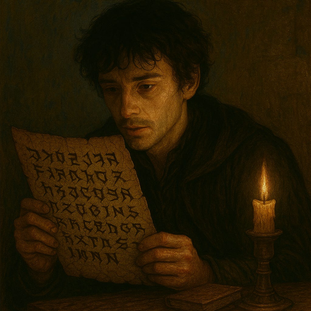 Felonious, a slender and enigmatic figure with tousled dark hair and large expressive eyes, reads an ancient parchment in a shadowed study. He wears layered robes of velvet and leather, rippling with arcane shimmer. The parchment is cracked and brittle, etched with angular Draconic script glowing faintly with residual magic. Felonious leans over the page, his face lit by candlelight and silver torch glow, revealing quiet intensity and reverent focus. The background includes dark wood paneling, faded tapestries, and shelves of ancient tomes. Dust motes drift in the air, and the atmosphere is tense, sacred, and filled with quiet power. Felonious, a slender and enigmatic figure with tousled dark hair and large expressive eyes, reads an ancient parchment in a shadowed study. He wears layered robes of velvet and leather, rippling with arcane shimmer. The parchment is cracked and brittle, etched with angular Draconic script glowing faintly with residual magic. Felonious leans over the page, his face lit by candlelight and silver torch glow, revealing quiet intensity and reverent focus. The background includes dark wood paneling, faded tapestries, and shelves of ancient tomes. Dust motes drift in the air, and the atmosphere is tense, sacred, and filled with quiet power.