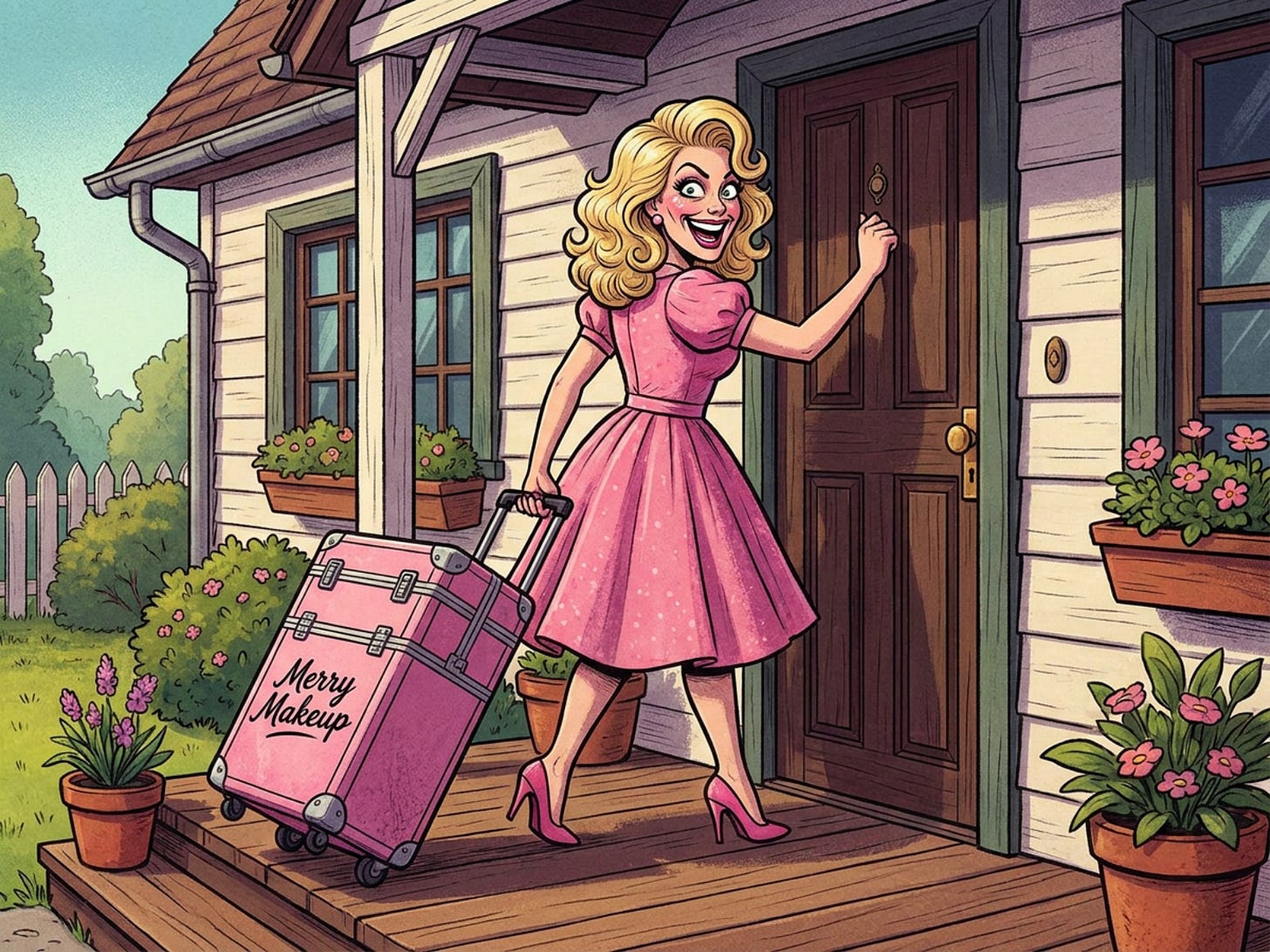 Ellie Evers standing on a porch with her Merry Makeup kit.