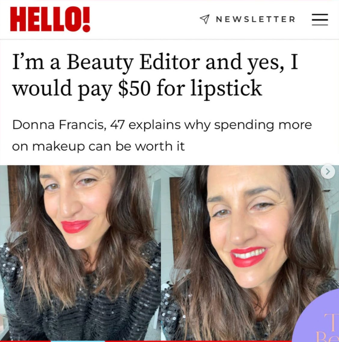 A screenshot of an article written by award-winning midlife Beauty Editor Donna Francis about $50 red lipstick by Westman Atelier