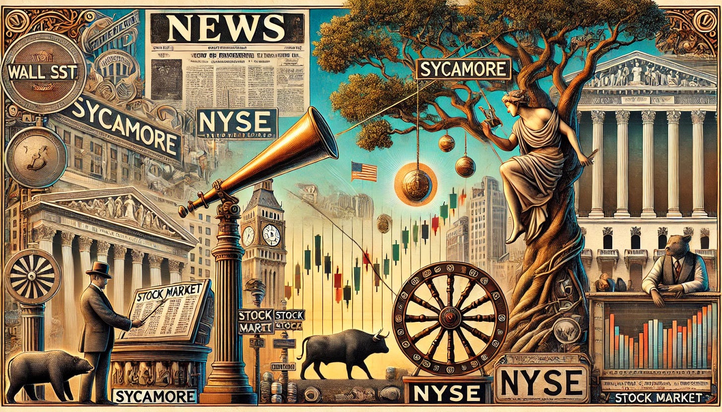 A horizontal artistic depiction of news being transmitted through an old-fashioned telegraph wire, with the word 'Sycamore' prominently integrated in an elegant, vintage-style font. The scene features stock market symbols like a bull and bear, Wall St. signs, stock charts, and a reference to the NYSE. A subtle roulette wheel is visible in the background, symbolizing risk and chance. A majestic sycamore tree stands tall to the side, with a figure resembling Zacchaeus from the Gospel of Luke perched on its branches, observing the activity below. The composition is detailed, vibrant, and balances modern and historical stock market themes. A horizontal artistic depiction of news being transmitted through an old-fashioned telegraph wire, with the word 'Sycamore' prominently integrated in an elegant, vintage-style font. The scene features stock market symbols like a bull and bear, Wall St. signs, stock charts, and a reference to the NYSE. A subtle roulette wheel is visible in the background, symbolizing risk and chance. A majestic sycamore tree stands tall to the side, with a figure resembling Zacchaeus from the Gospel of Luke perched on its branches, observing the activity below. The composition is detailed, vibrant, and balances modern and historical stock market themes.