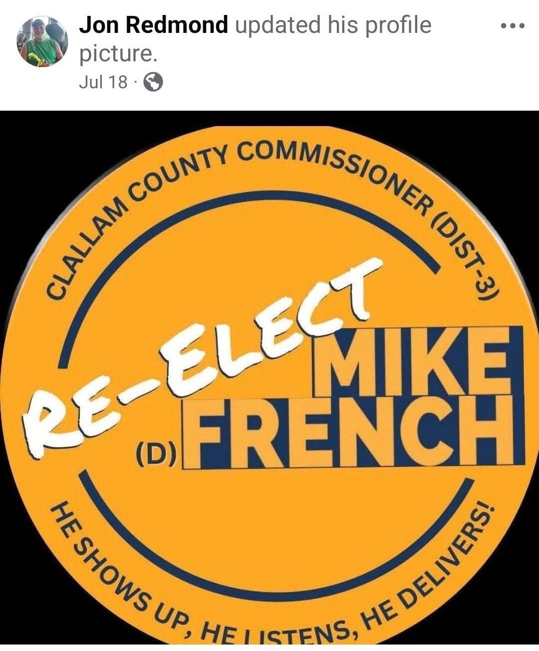 May be an image of text that says '7:07 < Jon Redmond 43 All Photos Reels Jon Redmond updated his profile picture Jul Jul18 18 … COUNTY COMMISSIONER RE-ELECT ELEST MIKE CLALLAM CIALAMI ស្ស (D) FRENCH ٣/٤ MESOSRA *Hиς Up, HELISTENS, HE ACBCARS DELIVERS! 2 Jon Redmond created a fundraiser. Jun 23, 2021 For my birthday this year, I'm asking for donations to St. Jude Children's Researc... more |||'