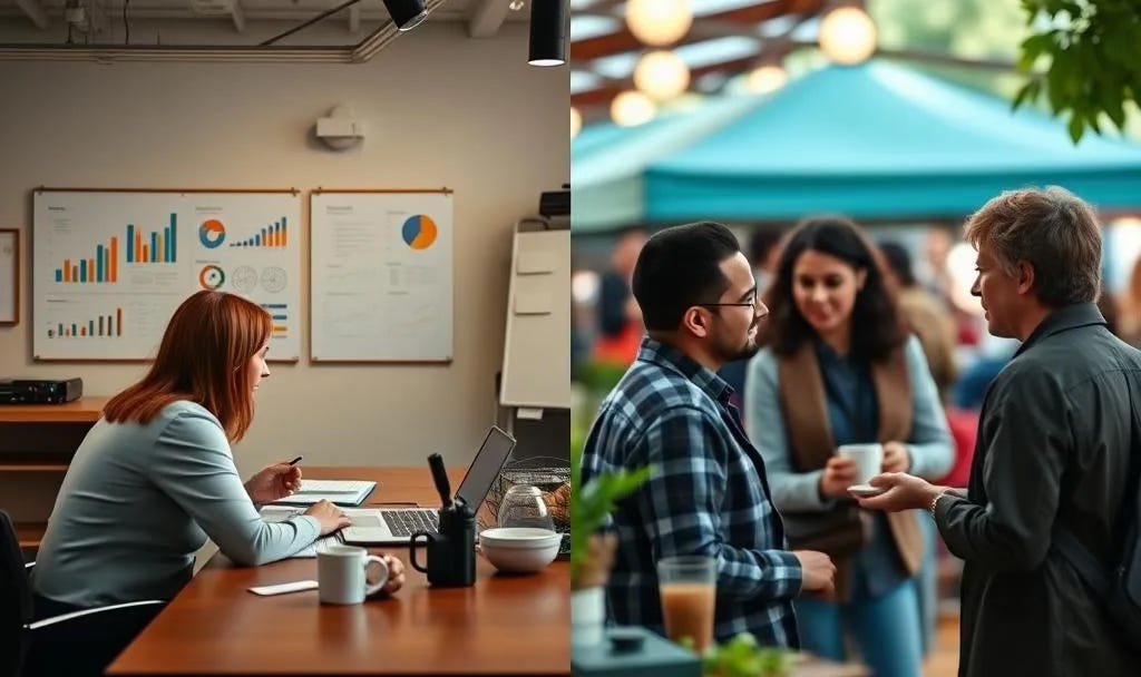 Split image showing a woman alone in an office studying charts and graphs on whiteboards on the left, contrasted with people having animated conversations at an outdoor community event on the right. Split image showing a woman alone in an office studying charts and graphs on whiteboards on the left, contrasted with people having animated conversations at an outdoor community event on the right.