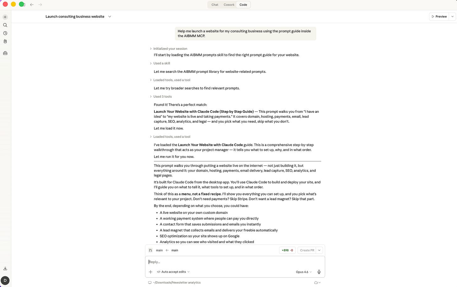 Claude Code desktop app showing the AI Blew My Mind MCP in action. The user asks to launch a consulting business website using the AIBMM MCP prompt guide, and Claude searches the prompt library, finds the "Launch Your Website with Claude Code" step-by-step guide, loads it, and begins walking through the full process including domain, hosting, payments, email, lead capture, SEO, analytics, and legal pages.