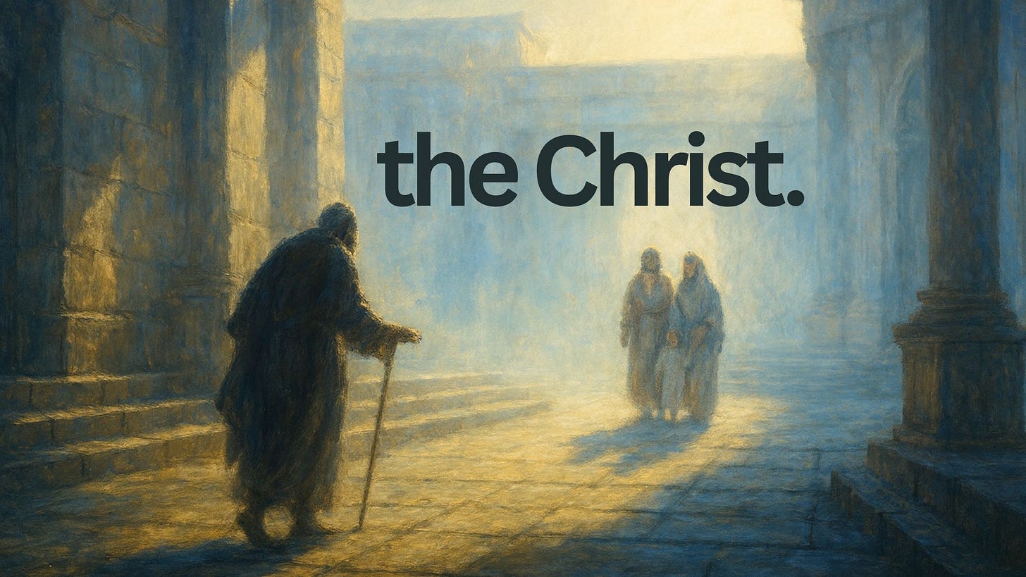 A soft, painterly scene of the Jerusalem temple courts at sunrise, where an elderly man steps forward from the shadows as Mary and Joseph approach with the Christ-child, long golden and blue tones creating a sacred sense of anticipation.