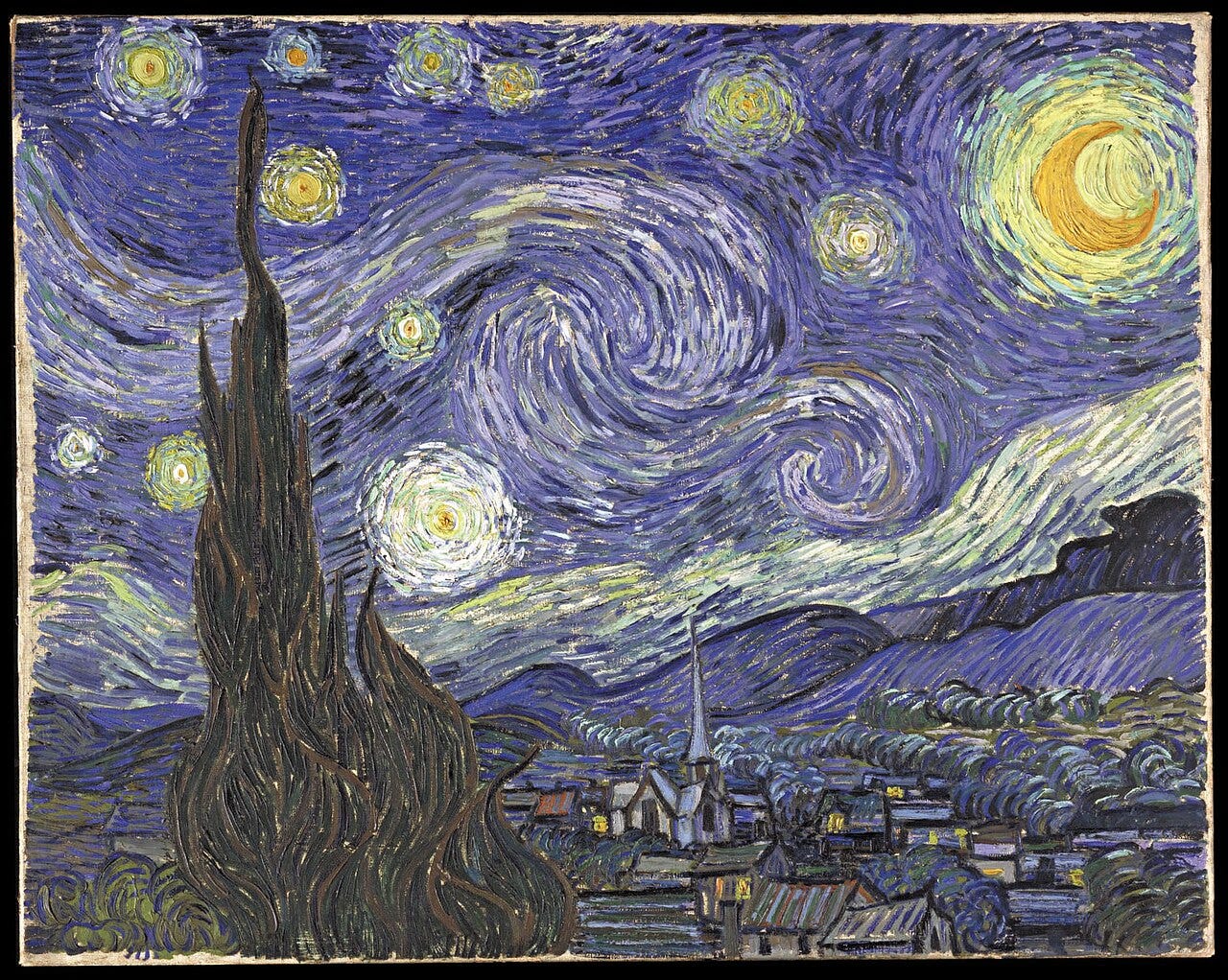 Vincent van Gogh, The Starry Night, swirling sky over a sleeping village