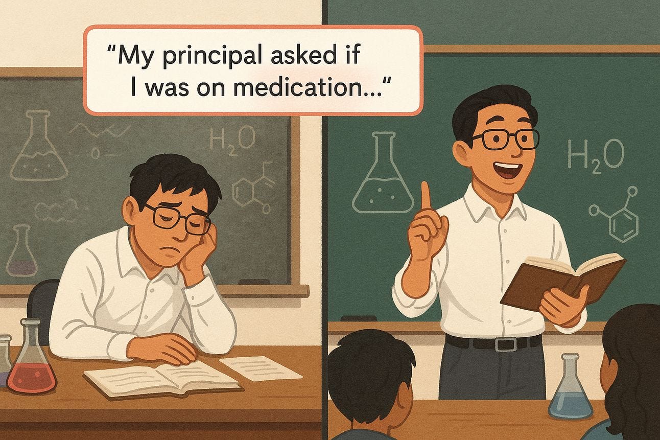 Two-panel illustration: the left panel shows an exhausted teacher slumped at a desk; the right panel shows the same teacher energized and teaching confidently, with students engaged.