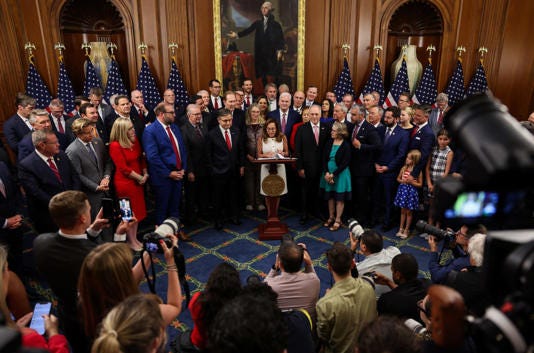 U.S. House Republican Conference Chair Lisa McClain (R-MI) speaks after the U.S. President Donald Trump's sweeping spending and tax bill passes, on Capitol Hill in Washington, D.C., U.S., July 3, 2025. REUTERS/Umit Bektas