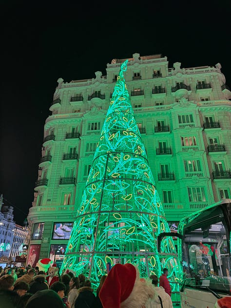 Scenes from Madrid at Christmas, including lights, markets, churros, decorations, and city streets at night.