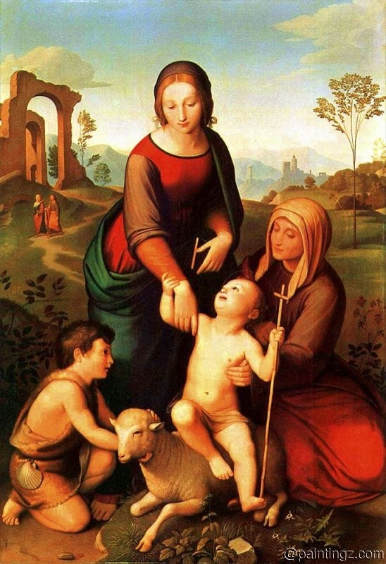 Mother Mary and Jesus with Elizabeth and John the Baptist in a Renaissance painting