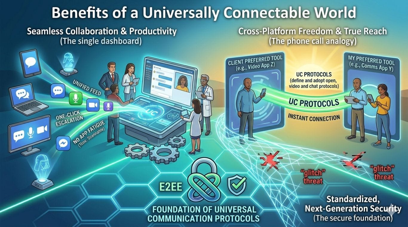 A vibrant, optimistic conceptual vector-style illustration. In the foreground, a strong glowing hexagonal grid foundation is labeled "FOUNDATION OF UNIVERSAL COMMUNICATION PROTOCOLS" with prominent symbols for "UC" (Universal Communication) and "E2EE". On the left, a "UC Dashboard" shows smooth data streams funneling from a laptop, tablet, and smartphone into a single unified feed. In the center, two large glowing 'portals' labeled "MY PREFERRED TOOL" and "CLIENT PREFERRED TOOL" are directly linked by illuminated connection paths labeled "UC PROTOCOLS." Diverse global users collaborate instantly across these channels. A vibrant, optimistic conceptual vector-style illustration. In the foreground, a strong glowing hexagonal grid foundation is labeled "FOUNDATION OF UNIVERSAL COMMUNICATION PROTOCOLS" with prominent symbols for "UC" (Universal Communication) and "E2EE". On the left, a "UC Dashboard" shows smooth data streams funneling from a laptop, tablet, and smartphone into a single unified feed. In the center, two large glowing 'portals' labeled "MY PREFERRED TOOL" and "CLIENT PREFERRED TOOL" are directly linked by illuminated connection paths labeled "UC PROTOCOLS." Diverse global users collaborate instantly across these channels.