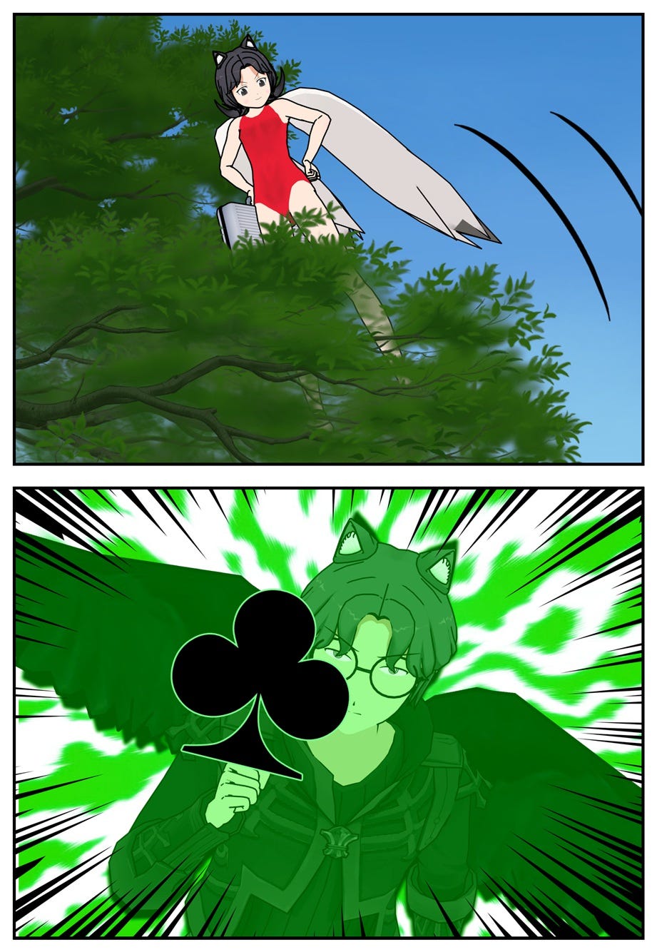 Rae flies up to a tree, and Ruff fully powers up with his clover club and dark wings.