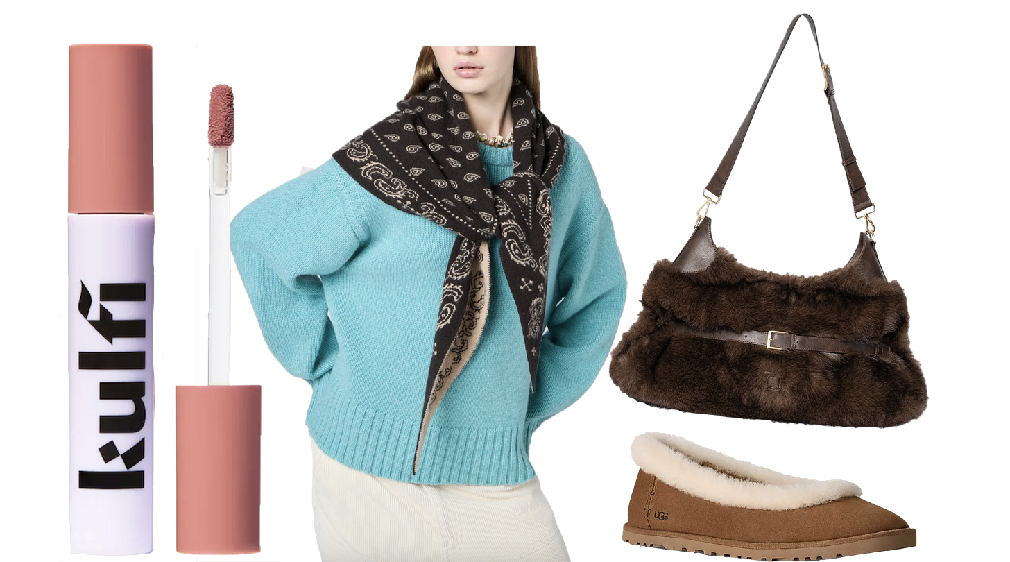 a lip oil, a woman in a turquoise sweater, a faux fur tote bag, and UGG zora ballet flats