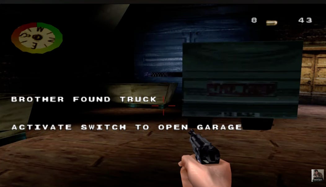 Jogo em primeira pessoa, ambiente de Paris antiga, com pistola na mão, caminhão à frente, e textos em inglês "brother found truck", "active the switch to open garage". Jogo em primeira pessoa, ambiente de Paris antiga, com pistola na mão, caminhão à frente, e textos em inglês "brother found truck", "active the switch to open garage".