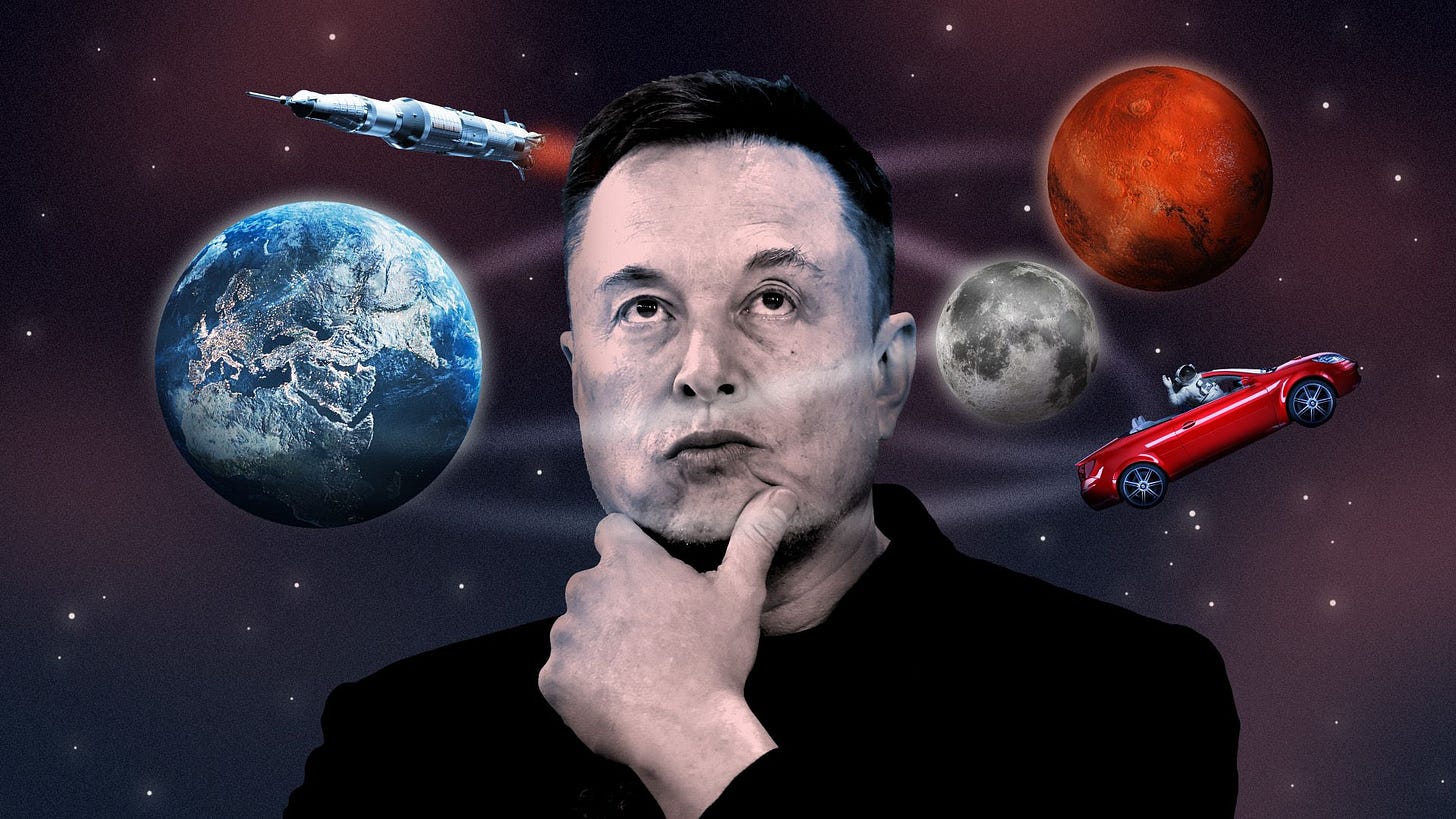 Photo illustration of Elon Musk in space with various planets, a rocket, and a car with an astronaut orbiting his head Photo illustration of Elon Musk in space with various planets, a rocket, and a car with an astronaut orbiting his head