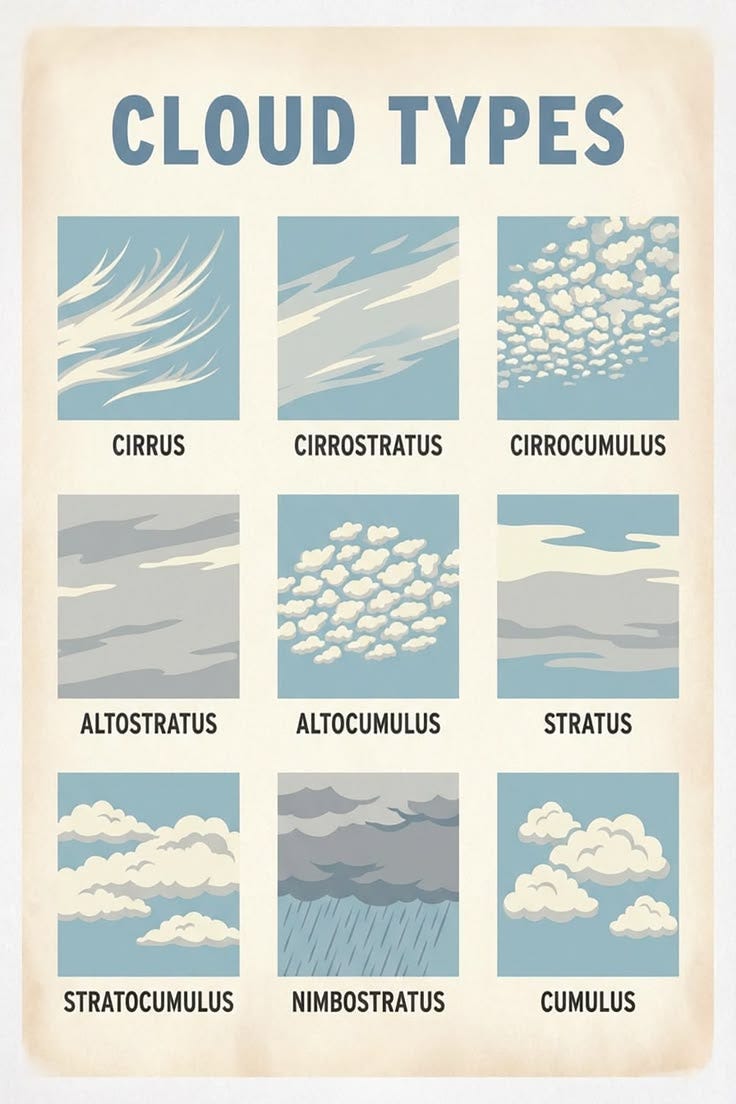 This may contain: the cloud types poster is shown in blue, white and gray colors with clouds above them This may contain: the cloud types poster is shown in blue, white and gray colors with clouds above them