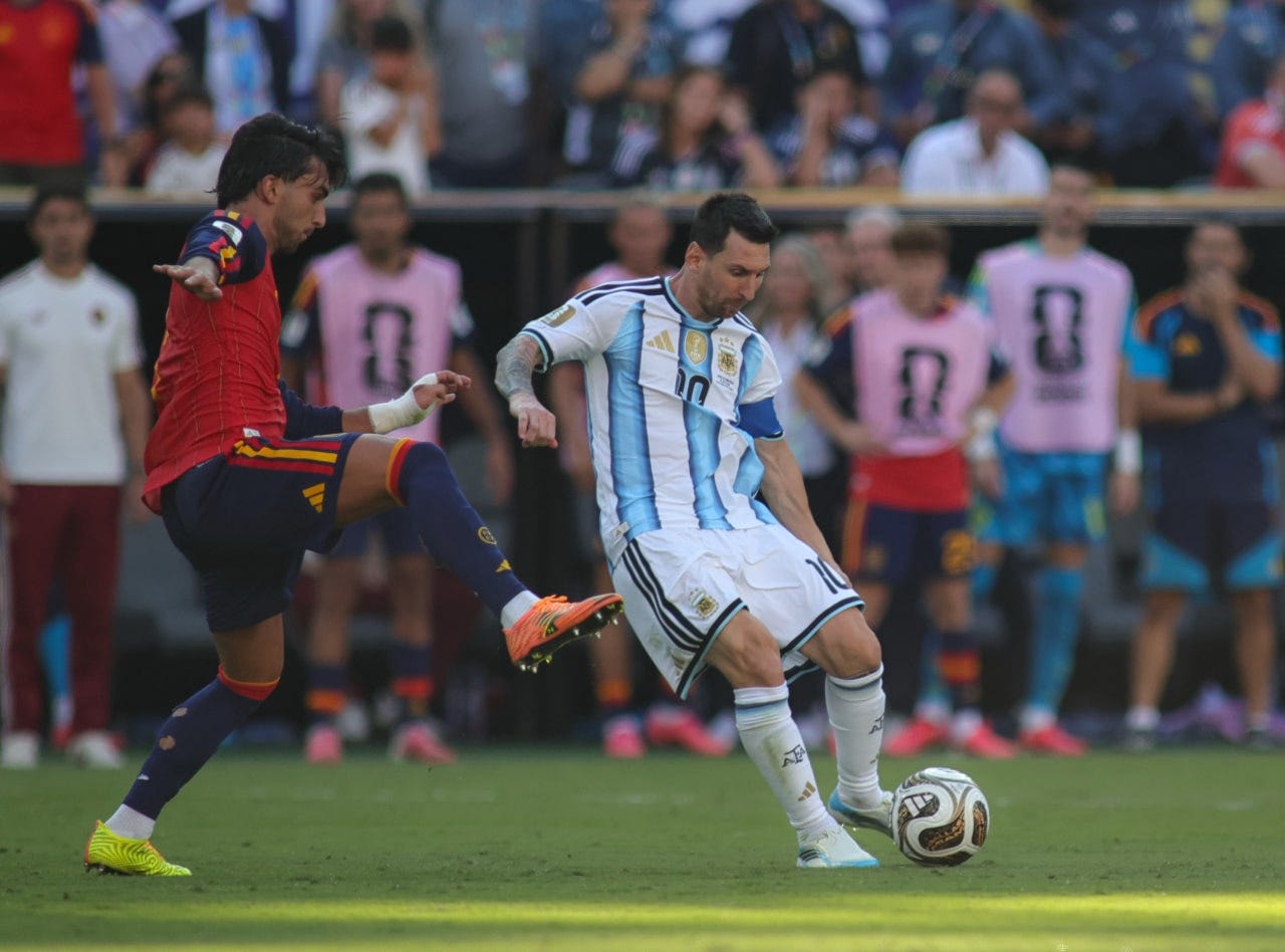 Lionel Messi kicks the ball during the FIFA World Cup 2026 Final Match between Spain and Argentina, July 19. Lionel Messi kicks the ball during the FIFA World Cup 2026 Final Match between Spain and Argentina, July 19.