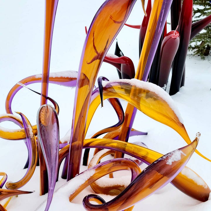 Glass sculptures on display at a glassblower's studio
