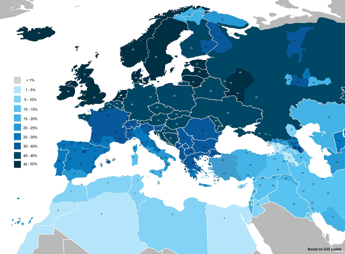 The amount of genetic Indo European / Yamnaya impact on Europe, Caucasia,  the Middle East and Central Asia. The Yamnaya migrants were the original  Indo European (German, English, Hellenic, Armenian, etc) speakers,