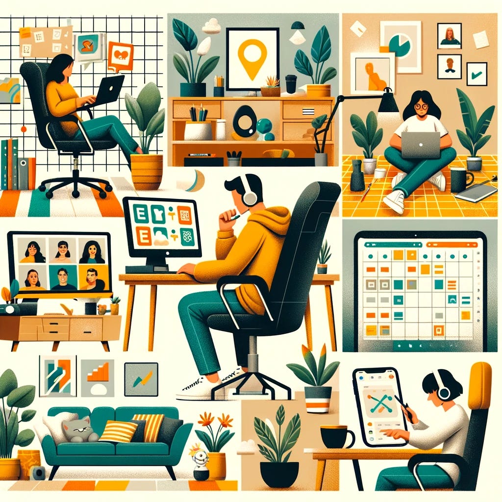 A collage representing remote work concepts. The first quadrant shows a home office setup with a laptop, ergonomic chair, and potted plant, symbolizing a comfortable remote workspace. The second quadrant features a virtual meeting, with diverse team members interacting on a video call using Zoom or Microsoft Teams, displaying screens with smiling faces. The third quadrant illustrates project management tools like Trello or Asana, with a digital board filled with tasks and progress bars. The final quadrant shows a person relaxing in a cozy corner, wearing headphones and using a meditation app on their smartphone, representing employee well-being and work-life balance. The overall mood is productive, collaborative, and serene. A collage representing remote work concepts. The first quadrant shows a home office setup with a laptop, ergonomic chair, and potted plant, symbolizing a comfortable remote workspace. The second quadrant features a virtual meeting, with diverse team members interacting on a video call using Zoom or Microsoft Teams, displaying screens with smiling faces. The third quadrant illustrates project management tools like Trello or Asana, with a digital board filled with tasks and progress bars. The final quadrant shows a person relaxing in a cozy corner, wearing headphones and using a meditation app on their smartphone, representing employee well-being and work-life balance. The overall mood is productive, collaborative, and serene.
