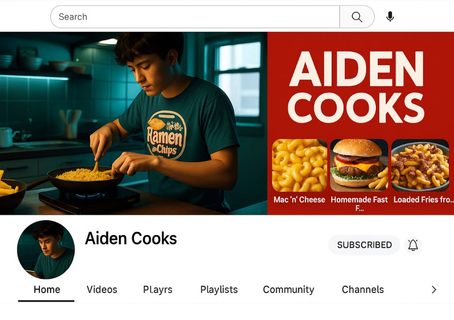 A YouTube channel page titled “Aiden Cooks” showing a banner with Aiden cooking ramen, video thumbnails of mac and cheese, burgers, and loaded fries, and a red block with the channel name in bold white letters.
