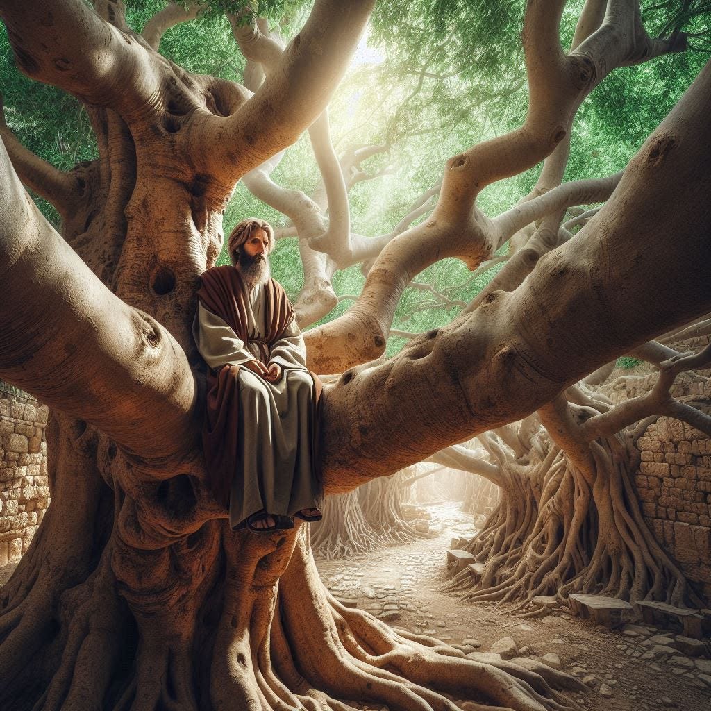 a man in robes in the branches of a Sycamore tree in ancient Jericho