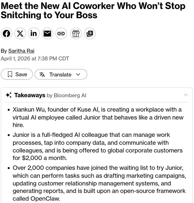 r/AgentsOfAI - It was bound to happen. Junior is an openclaw that will snitch on you to your boss. 2000 signups just to see the demo. r/AgentsOfAI - It was bound to happen. Junior is an openclaw that will snitch on you to your boss. 2000 signups just to see the demo.