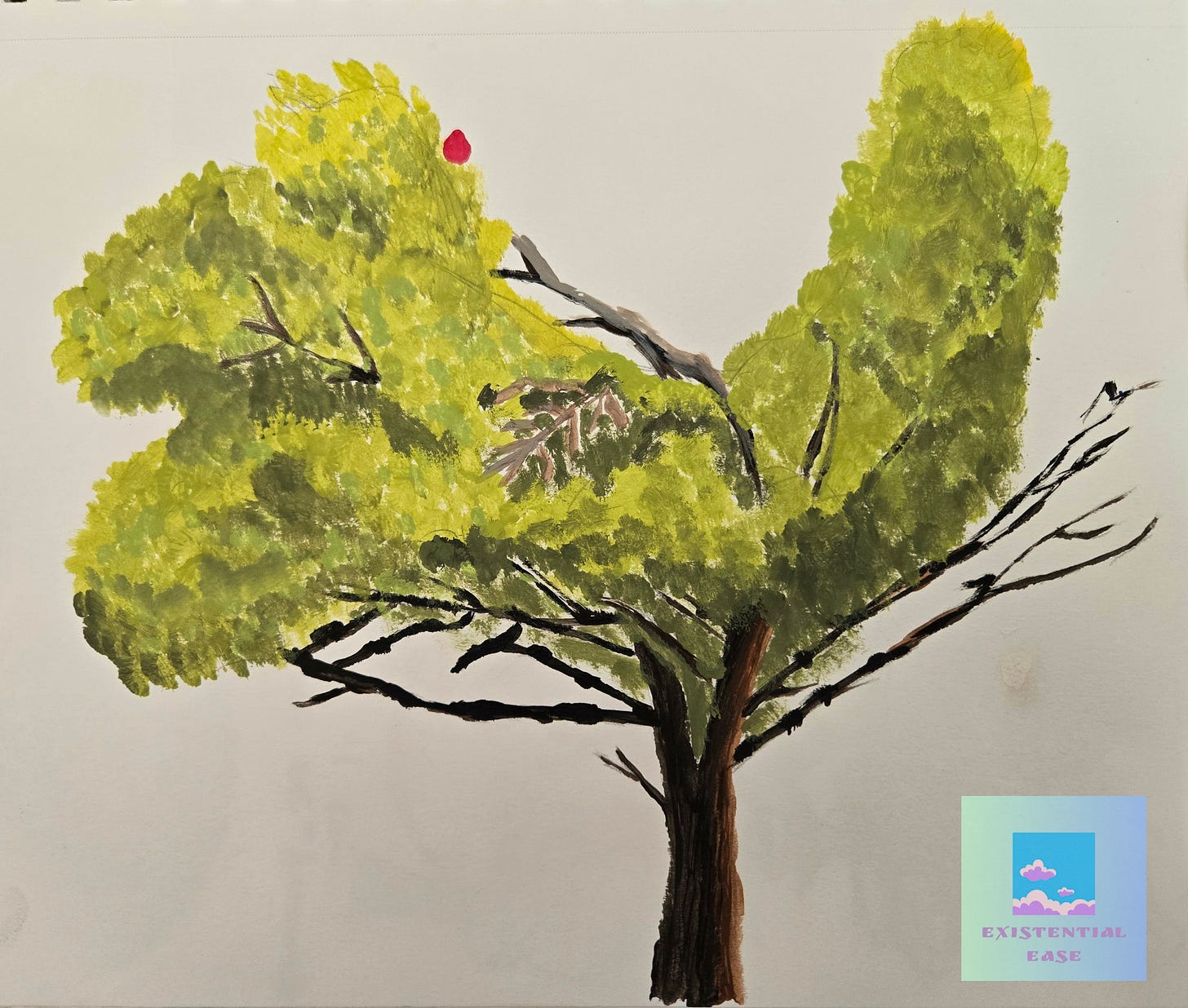 An acrylic painting of a green tree, whose upper branches are split and lower branches are not growing as they are covered in a black fungus. A bright red cardinal rests on top of the tree. An acrylic painting of a green tree, whose upper branches are split and lower branches are not growing as they are covered in a black fungus. A bright red cardinal rests on top of the tree.