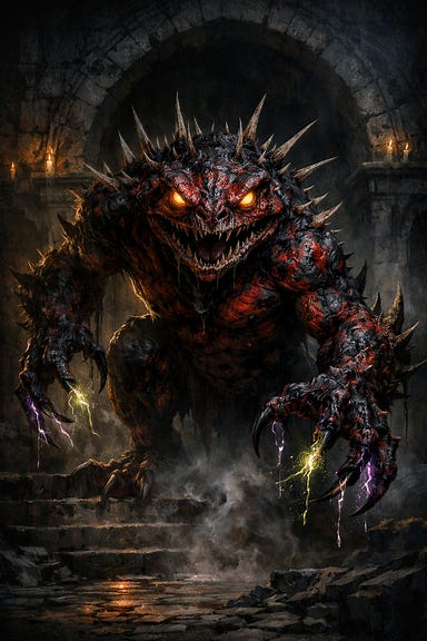 Death Slaad emerging from shadowed catacombs, towering monstrous frog-like fiend with bone spikes, red-black mottled skin, glowing malevolent eyes, claws dripping with chaotic energy, Barovian gothic atmosphere