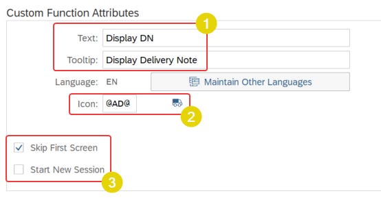 Attribute configuration of AIF custom function such as text, tooltip, icon, language, skip first screen and start new session