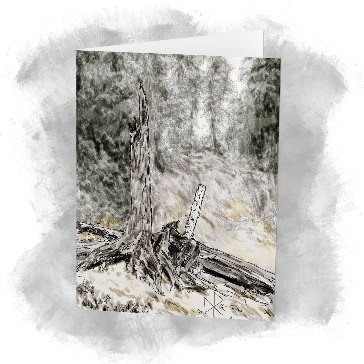 Two partial tree trunks, one a long dead naturally broken pine and the other a human-sawn young birch, near the edge of a clearing in northern Manitoba. Sketch art by Don Rice. Two partial tree trunks, one a long dead naturally broken pine and the other a human-sawn young birch, near the edge of a clearing in northern Manitoba. Sketch art by Don Rice.