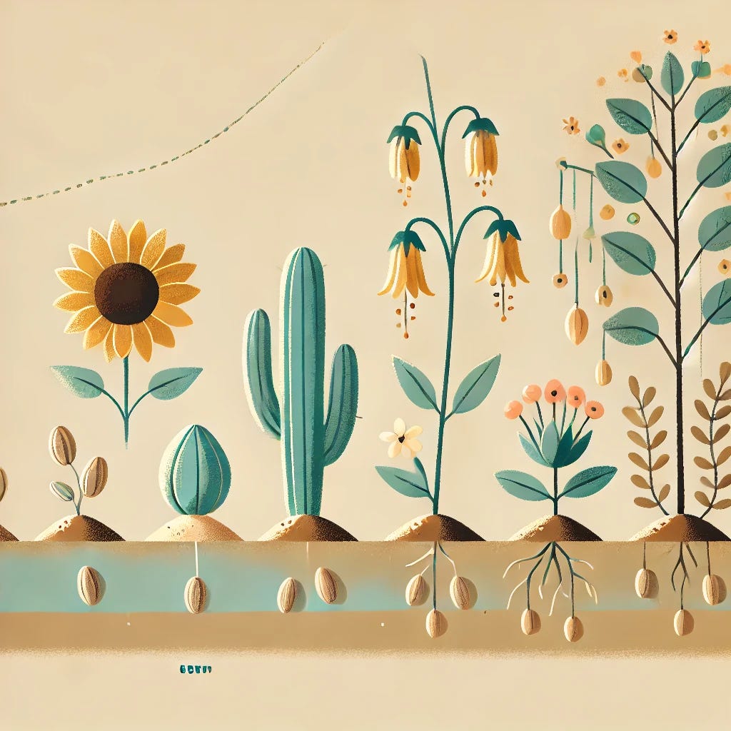 A soft, minimal illustration showing different seeds growing into unique plants: a sunflower, a cactus with flowers, and a small tree. Each plant is depicted at various stages of growth from seed to mature plant. The style is warm and educational, using pastel tones of blue, yellow, and green. The background is clean and minimal, focusing on the plants. The design is modern, semi-flat, and suitable for an educational setting or children's content.