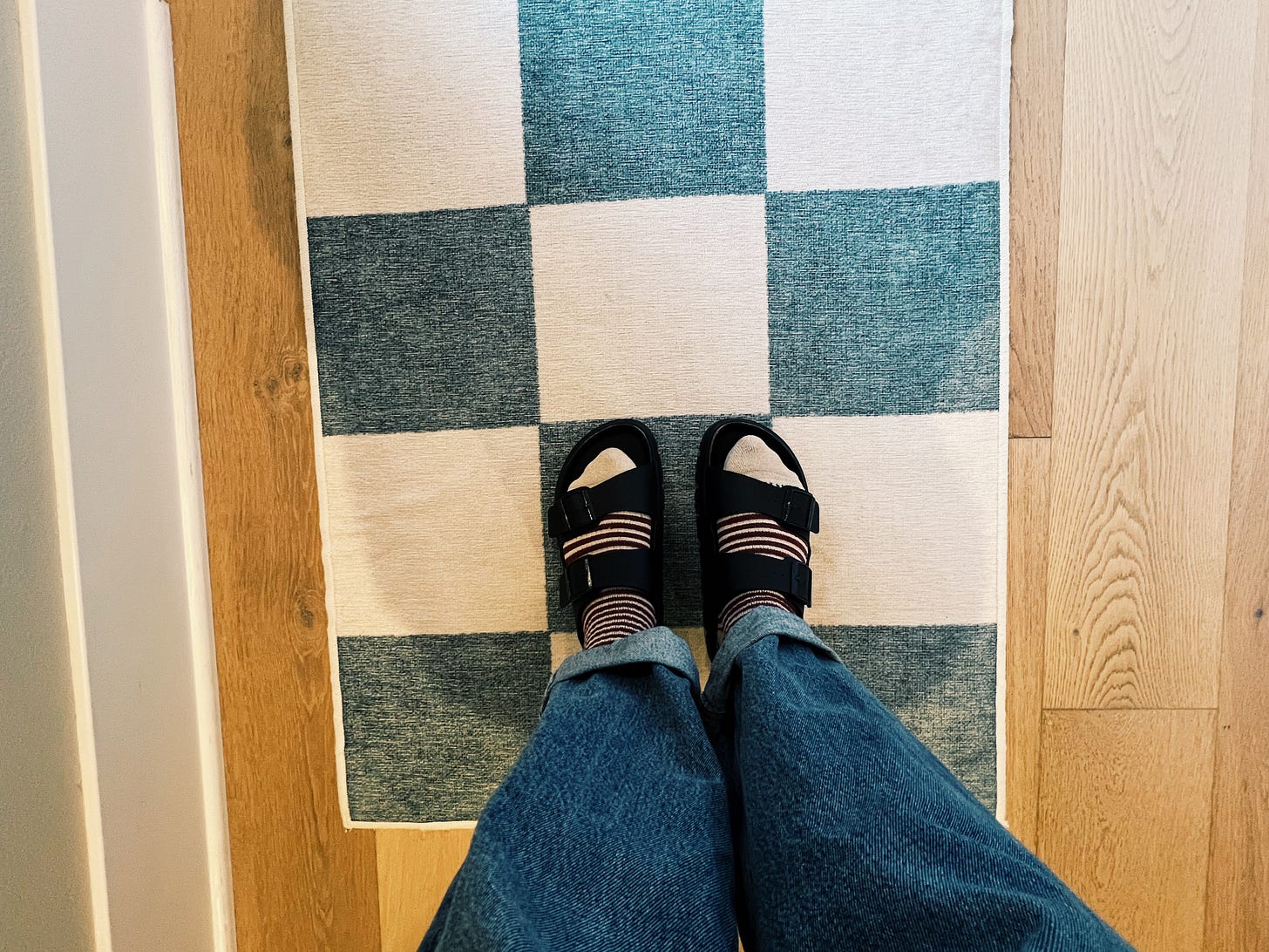 My fancy birkenstocks on a green and white checkered rug