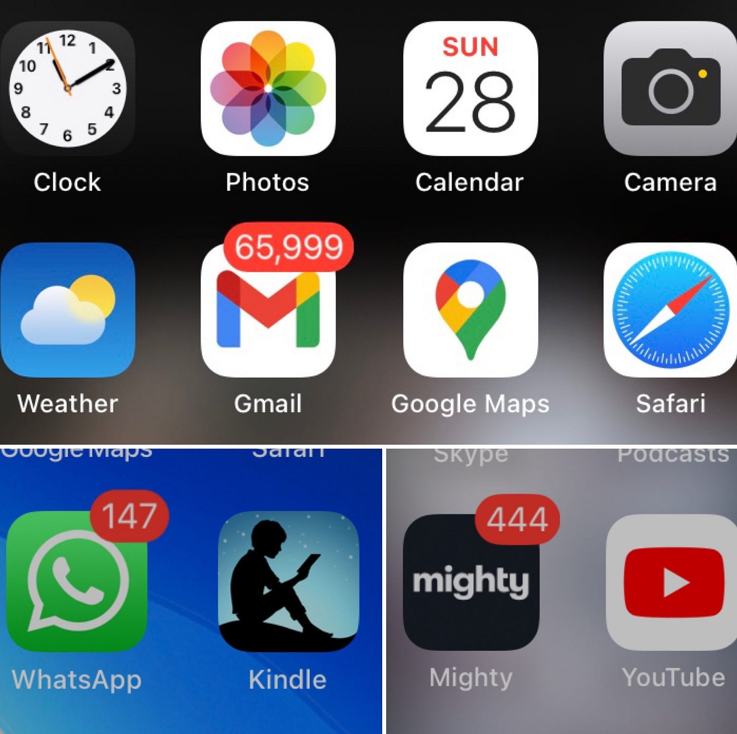 Captura de tela de um smartphone mostrando diversos ícones de aplicativos, como Gmail e WhatsApp, com milhares de notificações pendentes em balões vermelhos.