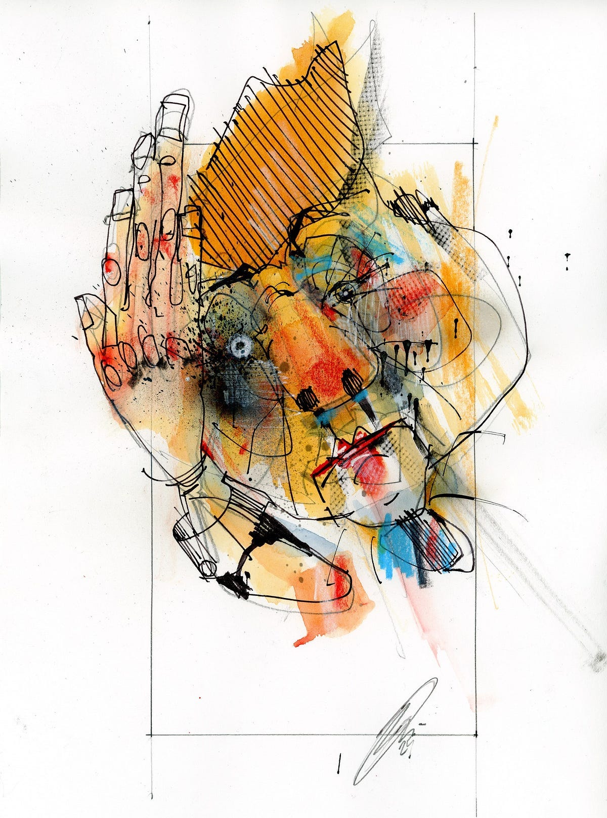 A Yellow and Orange, Clownish face with a hand raised