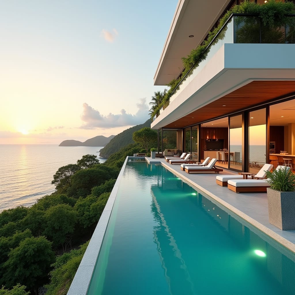 A luxurious modern Jamaican home perched on a hillside in Montego Bay, with floor-to-ceiling glass windows overlooking the vibrant turquoise ocean. The home features an infinity pool blending into the horizon, sleek contemporary architecture, and tropical landscaping with lush greenery. The exterior is a mix of natural wood, stone, and white walls, while the interior boasts open-plan living spaces with minimalist design and elegant furniture. The setting includes the sunset casting a warm glow over the ocean and the home. Tropical paradise, luxury living, serene atmosphere.