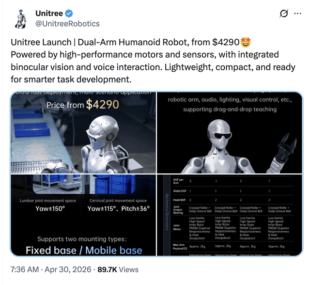 r/singularity - Unitree Launch | Dual‑Arm (wheeled) Humanoid Robot, from $4290