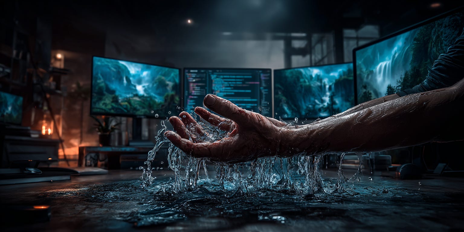 A developer sitting at a desk with multiple monitors, but instead of code on the screens, there are flowing water rapids. A developer sitting at a desk with multiple monitors, but instead of code on the screens, there are flowing water rapids.
