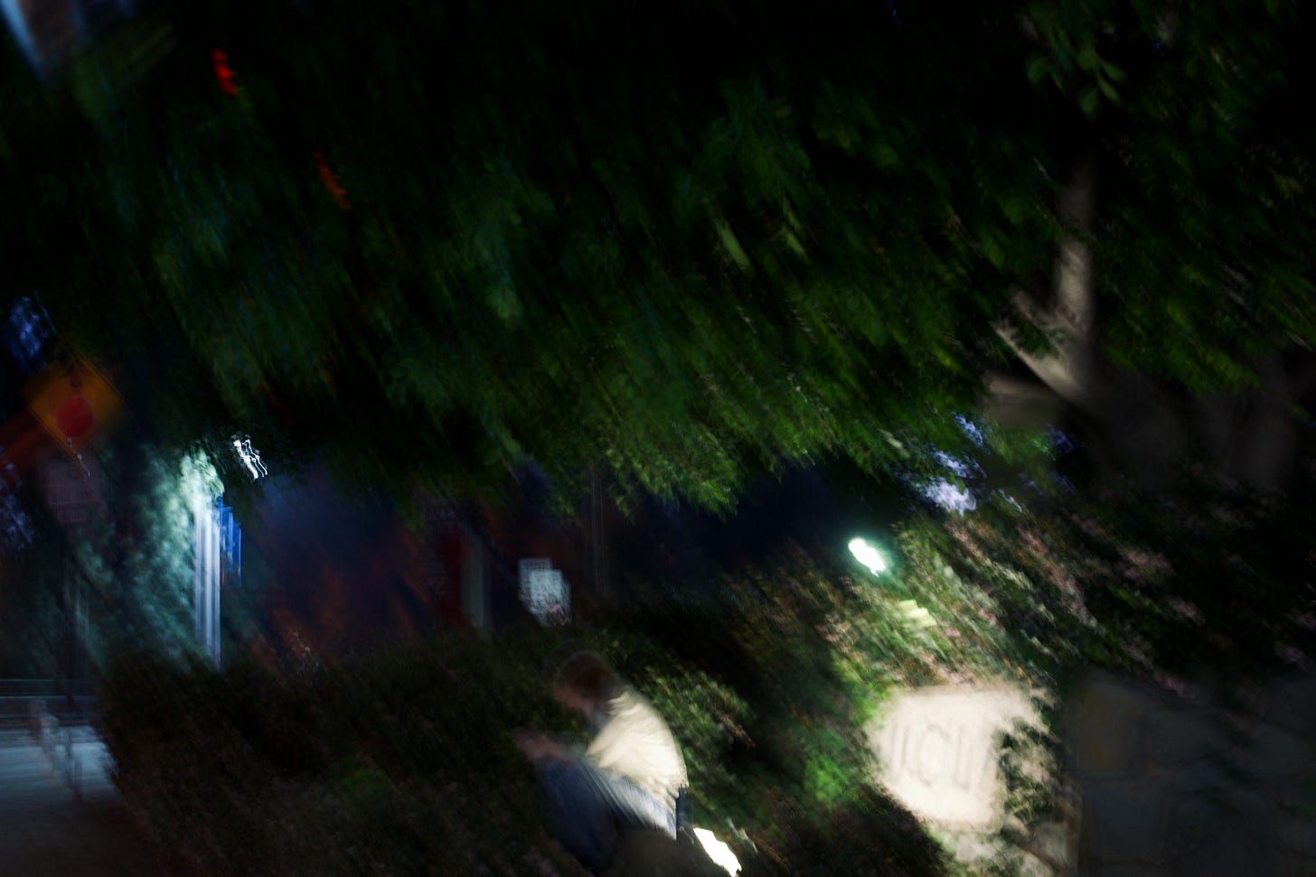 Soft-focus nighttime street scene with motion blur; a lone figure sits under dense tree cover illuminated by scattered streetlights, creating a moody contrast between stillness and movement.