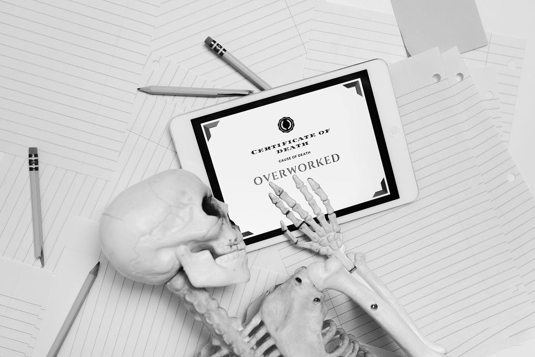 Conceptual image of a skeleton with a digital certificate of death citing “Overworked” as cause, symbolizing burnout.